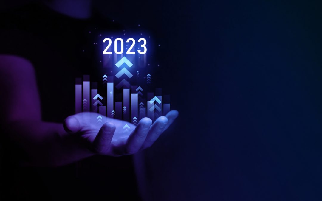 Bold text displaying "2023 Marketing Trends" on a dynamic background